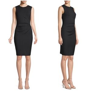 THEORY Pima Cotton Sheath Dre Elegant Black Sleeveless Ruched Bodycon Dress Sz L